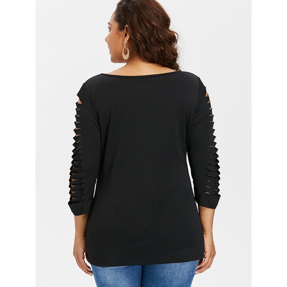 ☀ Black Plus Size Long Sleeve Shredded Top ☀ - Picture 6 of 8